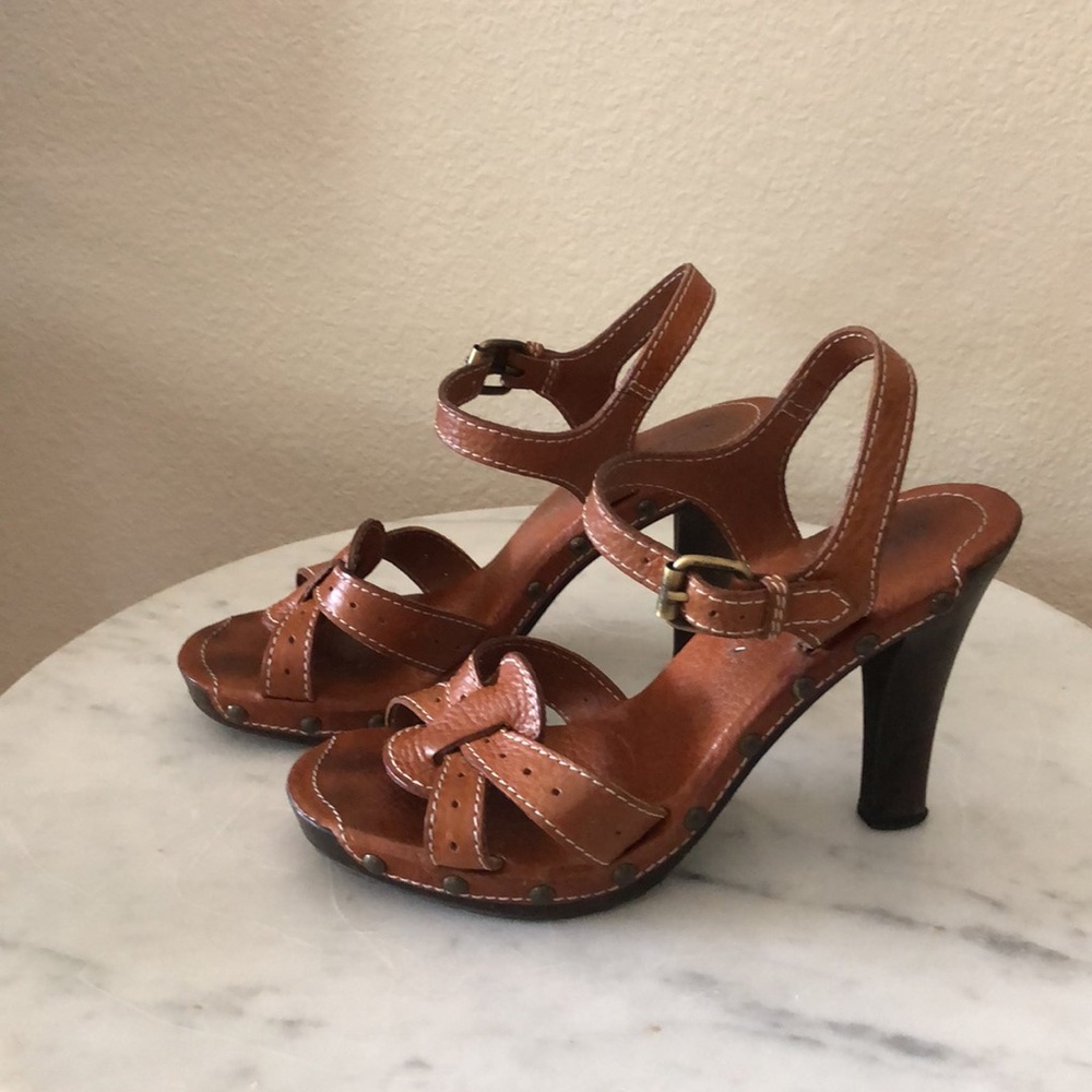 BURBERRY Cognac Wood Platform Studded Heel 8